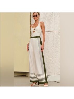 Commence tailored wide leg trouser garden stripe print olive green bone white